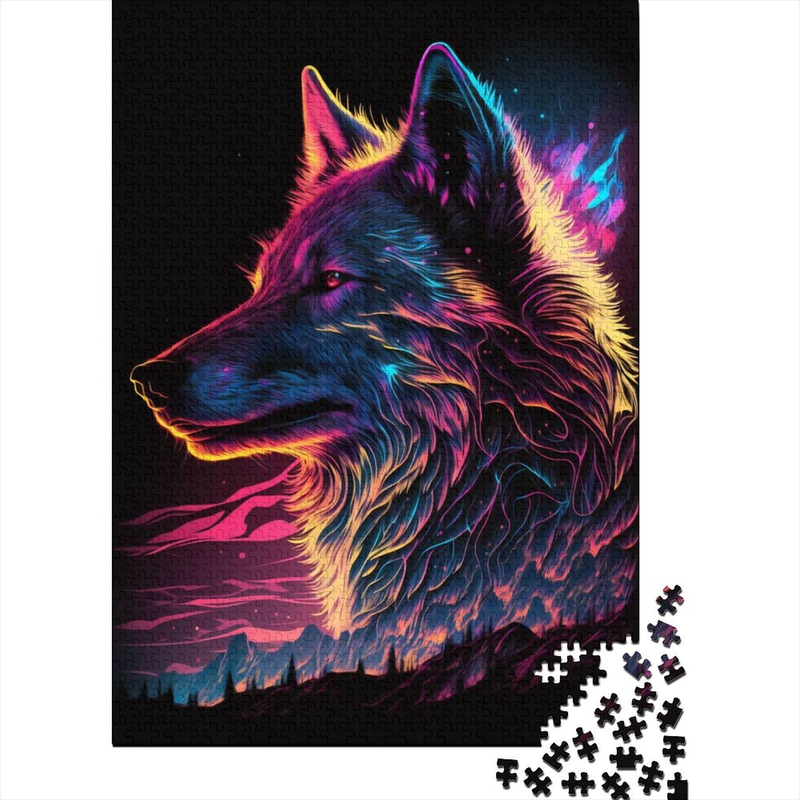 Kunstpuzzle für Erwachsene 1000 Teile Synthwave Wolf Holzpuzzle Puzzles Puzzles für Erwachsene Teenager Erwachsene 75x50cm