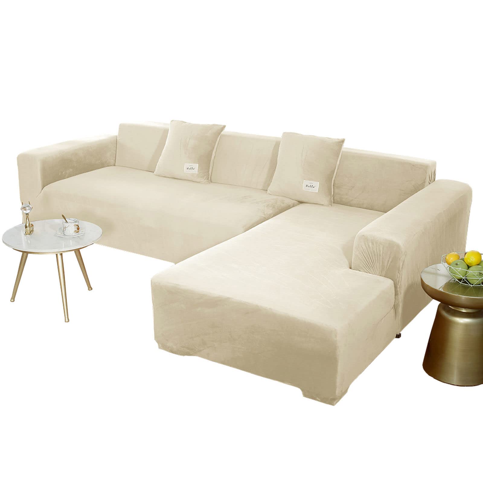 JHLD Sofabezug L Form, Stretch Sofabezug Samt L-förmiger Sofabezug Weiche Anti-rutsch Sofa Überwürfe Für Ecksofa-Beige-2 Sitzer+3 Sitzer