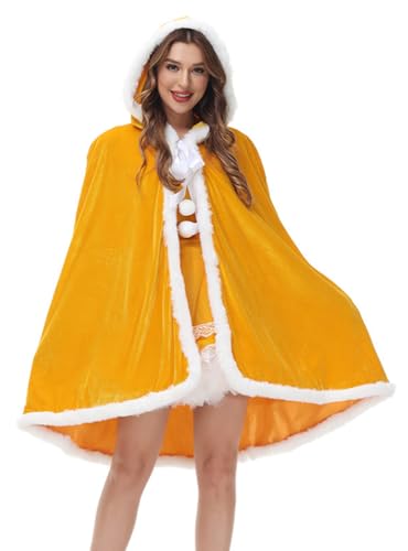 トクとユウ Mrs. Claus Santa Shawl Cloak Cape Hooded Cape Kostüm Erwachsene Santa Claus Robe Weihnachtsumhang für Frauen (Gelb)