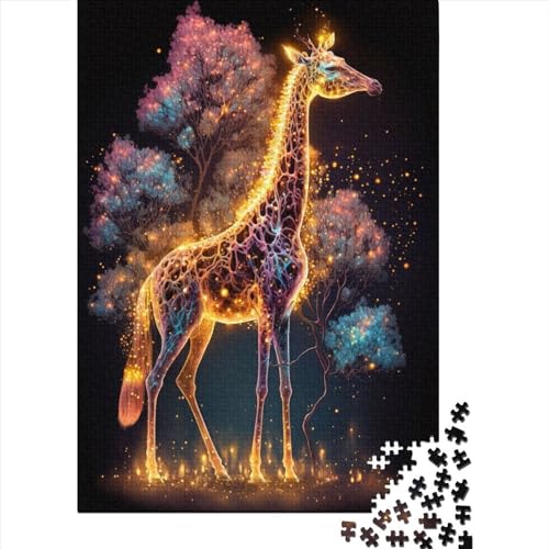 Giraffe Neon Holzpuzzle für Erwachsene und Teenager, 1000 Teile Puzzle für Erwachsene und Teenager mit passendem Poster und Wissensblatt, 75 x 50 cm