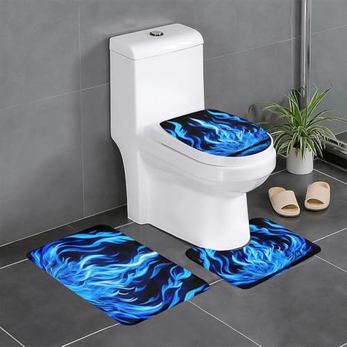 Wurton Indigo Flammen-Druck, Set mit 3 Polyester-Badezimmerteppichen, stilvolles, funktionales Badezimmerteppich-Set