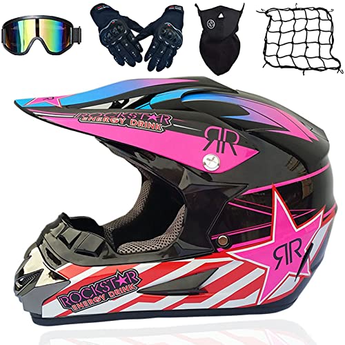 WYXAXNM Motorradhelm Cross Helme, Motocross Helm Kinder, Motorrad Downhill Fullface Helm Crosshelm Set Mit Schutzbrille Maske Handschuhe Helm Netz - DOT Zertifizierter, (52-59CM),Pink-S