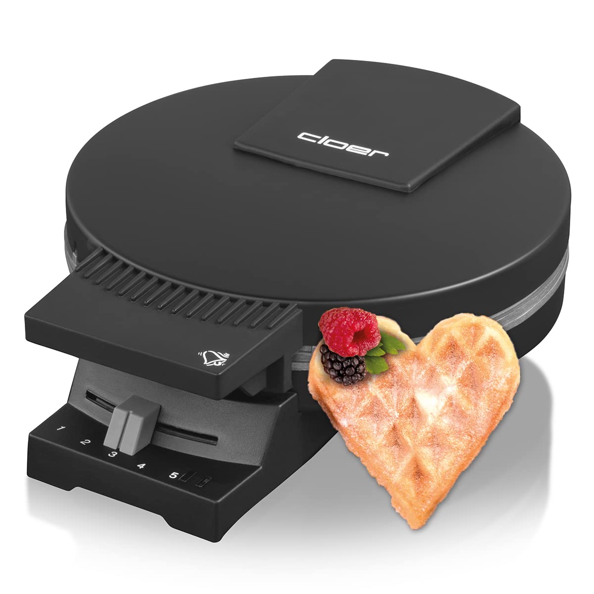 Cloer 180 Waffeleisen für eine Herzwaffel, 930 W, Waffelgröße 16 cm, schwere Backplatten, optische und akustische Fertigmeldung, Metall, schwarz