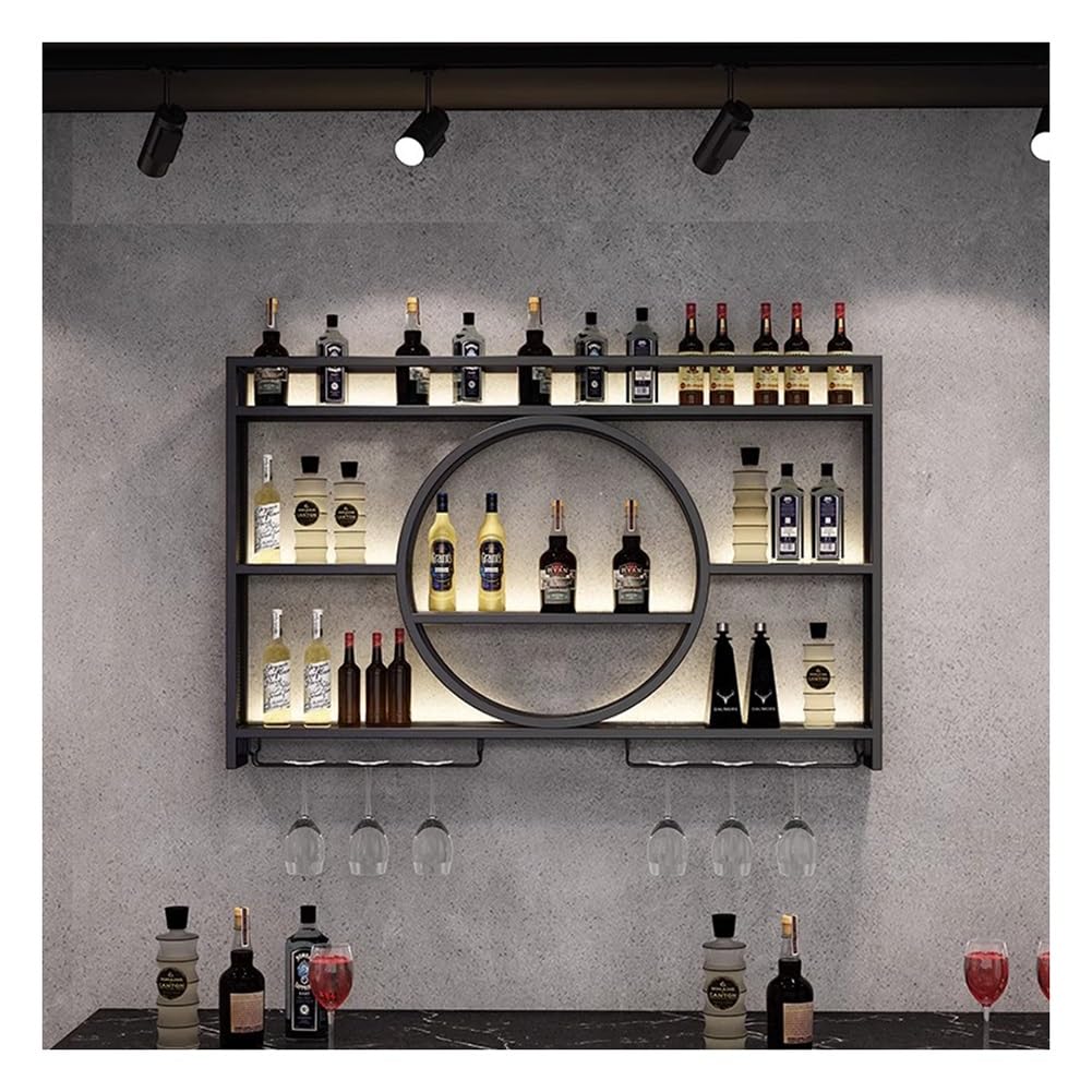 Hängende industrielle runde Weinregale, An der Wand montiertes Weinregal mit LED-Licht, modernes Weinregal aus Metall, Weinglashalter for die Dekoration von Zuhause, Küche, Bar, Restaurant(Black,100x1