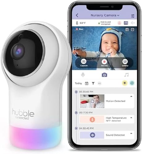 Hubble Connected Nursery Pal Glow, Babyphone mit Kamera, 7-Farben-Nachtlicht, Raumtemperatursensor, Schwenk-Neige-Zoom, 2-Wege-Kommunikation, Nachtsicht, WLAN, App