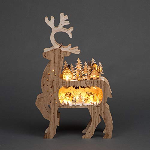 SHATCHI 69 cm Weihnachtsrückseite, aus Holz, lasergeschnitten, batteriebetrieben, Dorflandschaft und warmweiße LEDs, Heimdekorationen, Holz, Rentier auf der Vorderseite, 38 x 11 x 69 cm