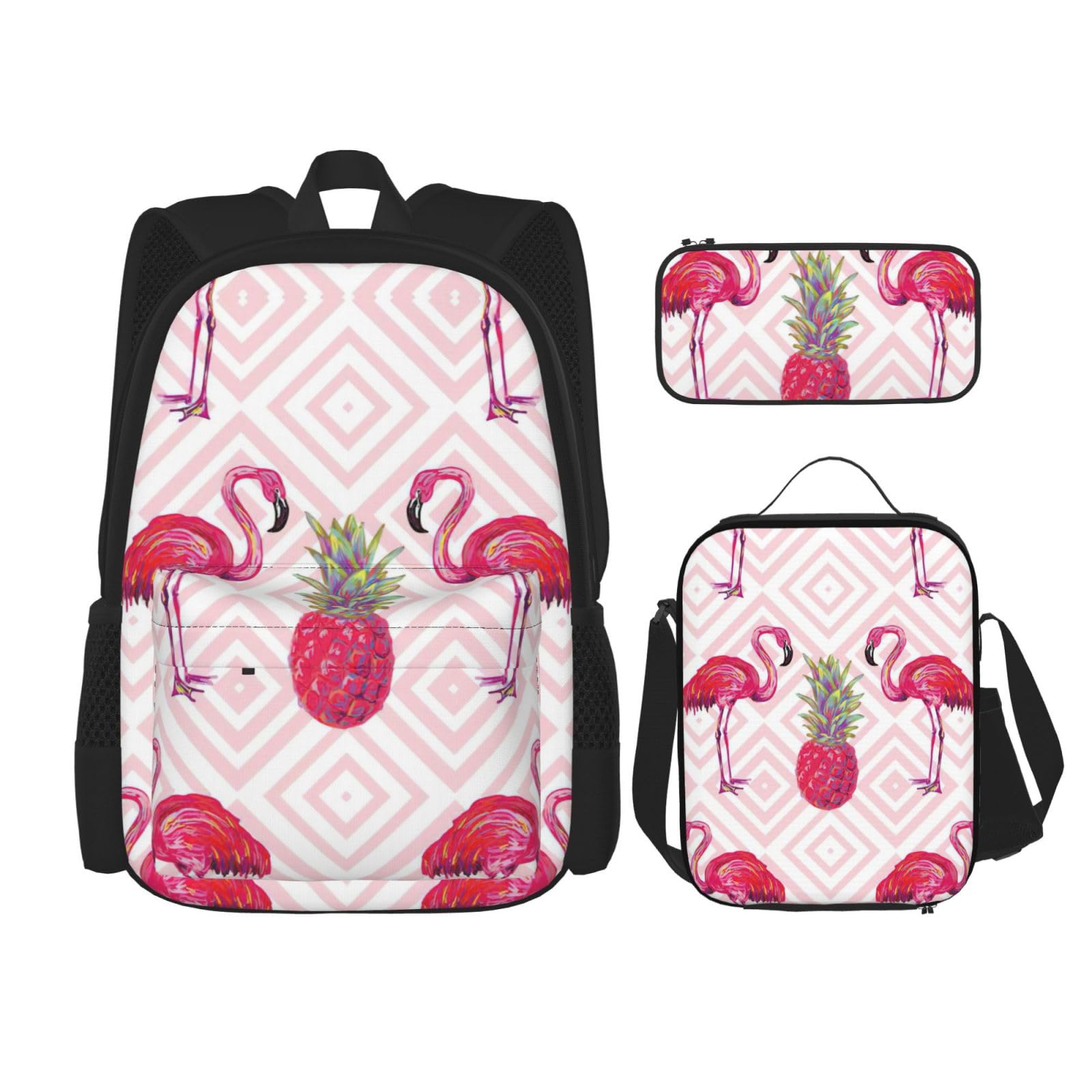 WURTON Pink Flamingo Ananas Print Trendy Rucksack Taschen Lunchbox und Federmäppchen 3 in 1 Verstellbarer Rucksack Set, Schwarz, Einheitsgröße, Schwarz , Einheitsgröße