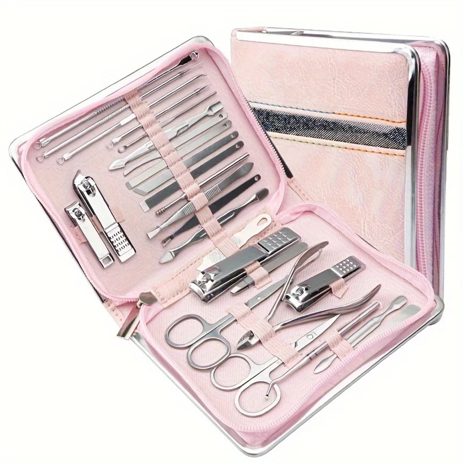 Maniküre Set 26-teiliges Nagelknipser-Set aus Edelstahl for den Haushalt, Nagelschneider, Anzug mit Box, Trimmer, Pflege, Maniküre, Pediküre, Nagelwerkzeuge Profi Nagelknipser Set(Pink)