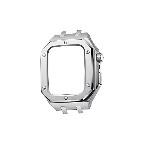 TONECY Modifikationsset, Metallgehäuseband für Apple Watch-Armbänder Serie 8, Serie 7, 45 mm, Correa iWatch, 44 mm, Gummiarmband, Armbandverschluss (Farbe: silberfarbenes Gehäuse, 44 mm)