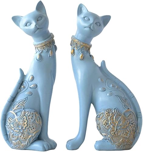 2 Stück Kunstharz-Katzenstatuen, nordische geometrische Paar-Katzen-Ornamente, neue Hausbesitzer-Haushaltsdekoration, blau