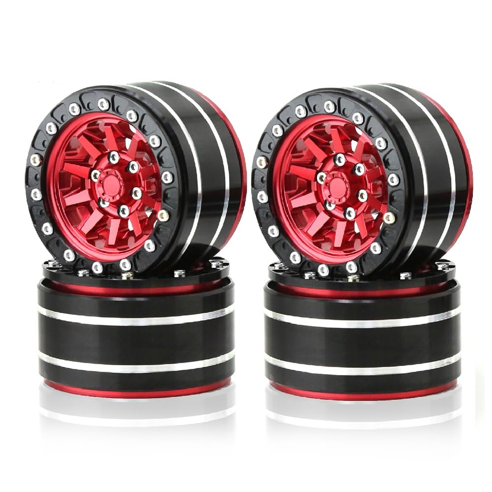 Pcivzxam Metall 1,9 Beadlock Felge Außendurchmesser 55 mm für RC 1/10 12 mm Hex Crawler Auto Axial SCX10 90047 CC01 TRX4, Rot 4-Teiliges Ersatzzubehör