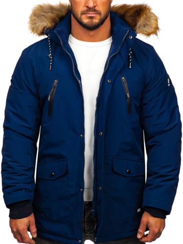 BOLF Herren Parka Jacke Winterjacke Gefüttert mit Kapuze Wintermantel Kapuzenjacke Lang Wärm Winter Herbst Freizeit Outdoor Casual Style WX032C Dunkelblau XL [4D4]