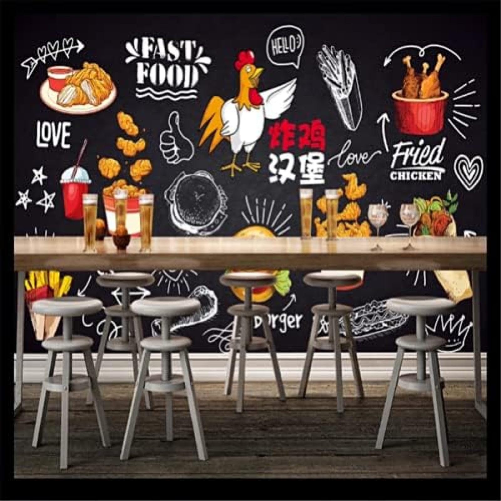 XLMING Handgemaltes Fast Food Auf Kreidetafel 3D Tapete Wohnzimmer Sofa Schlafzimmer Esszimmer Home Dekoration Wand-200cm×140cm