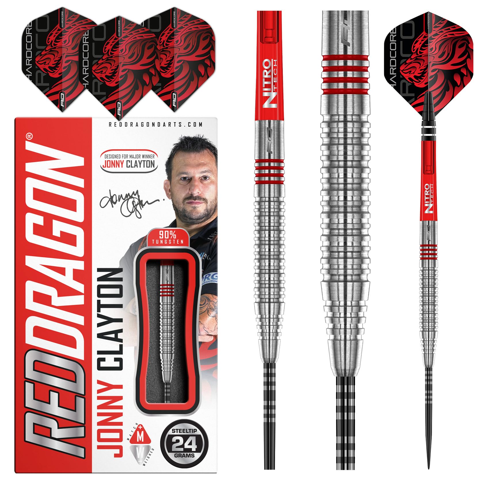 RED DRAGON Jonny Clayton Original 2.0 24 Gramm Premium Wolfram Steeltip Dart Set mit Flüge und Schäften