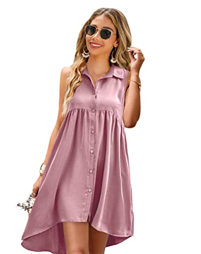 MeiLiSis Freizeitkleid Für Damen - Sommer, Ärmelloser Hemdkragen, A-Linien-Rock Mit Taschen, Damenmode, Vorne, Kurz, Hinten, Langer, Lockerer Midirock,Wie Abgebildet,S