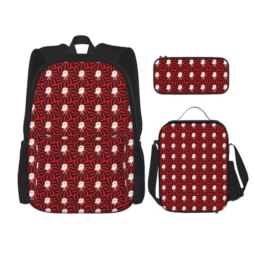 WURTON Niedlicher Rucksack mit Weihnachtsmann-Druck, für Mädchen und Jungen, Schultaschen, Teenager, Lunchbox und Federmäppchen, 3-in-1-Büchertaschen-Set