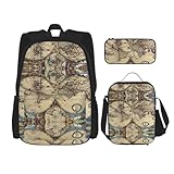 WURTON Ancient Map World Globe Print Trendy Rucksack Taschen Lunchbox und Federmäppchen 3 in 1 Verstellbarer Rucksack Set, Schwarz, Einheitsgröße, Schwarz , Einheitsgröße