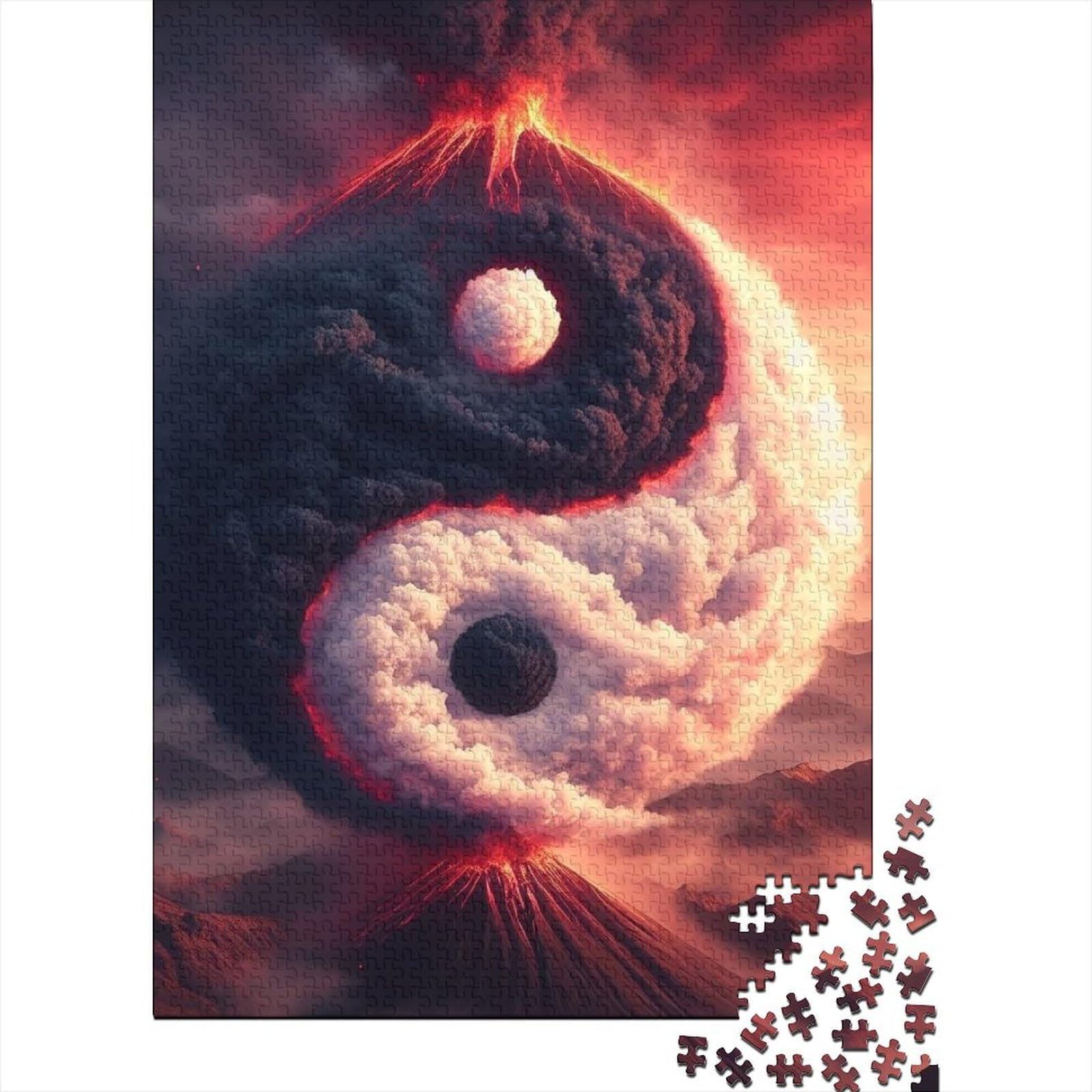 Yin- und Yang-Vulkan-Puzzle 1000 Teile für Erwachsene Holzpuzzle Puzzle für Erwachsene Lernspiel Herausforderungsspielzeug (Größe: 75 x 50 cm)