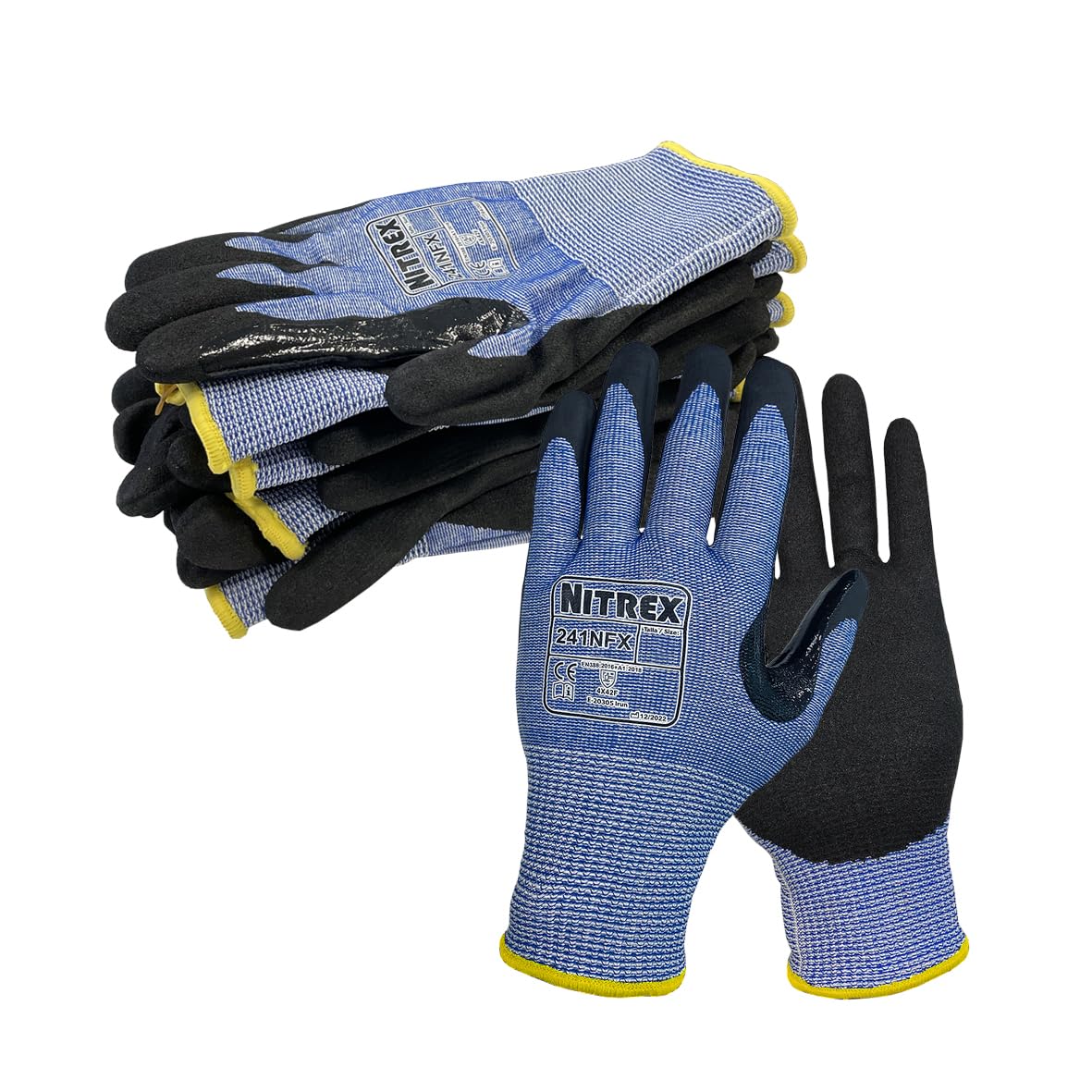 NITREX Unigloves Schnittfeste Handschuhe für allgemeine Handhabung mit sandiger Nitril-Handflächenbeschichtung, NitreGuard-Technologie und NitreGrip-Technologie in Schwarz/Blau, 10 Paar