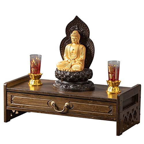 Hölzerne Wiccan kleine Altar Tisch Buddhist Tisch, Mit Schublade, Wicca-Altartisch mit Aufbewahrung, Bambus-Schreintisch for buddhistischen/Tee-Hausaltar, kleiner Raum, orientalisches Dekor(Brass,Medi