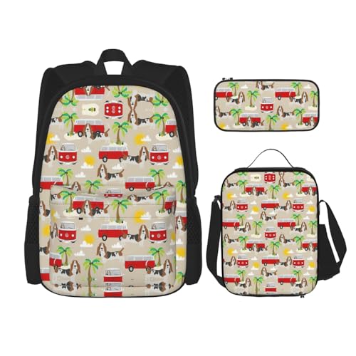 WURTON Basset Hound Hund Sommer Bus Palmen Druck Schulter Rucksack 3 in 1 Büchertasche Set Lunchbox Federmäppchen Reise Laptop Tagesrucksäcke