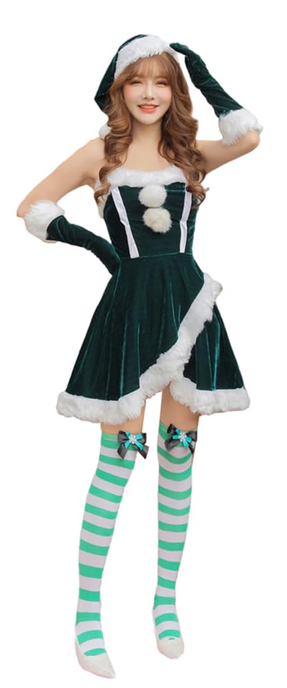 トクとユウ 3-teiliges Damenkleider, ärmelloses Kleid, schulterfreies Kleid, Weihnachten, Cosplay, Kostüm-Set (Grün, M)