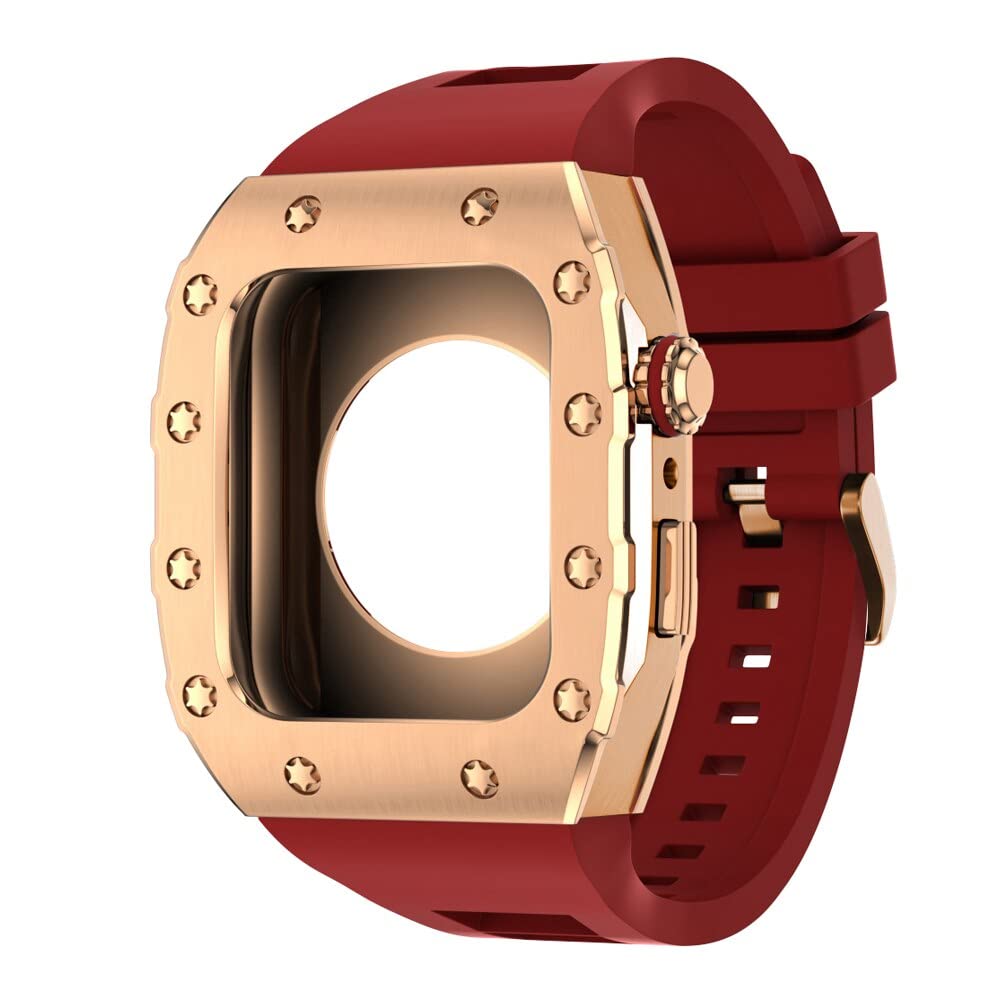 KANUZ 44 mm 45 mm Modifikationsset für iWatch Serie 7, 6, 5, 4 SE, Metallgehäuse, Silikonband für Apple Watch, Gummiband, Stoßfängerabdeckung (Farbe: RG-RG-R, Größe: 45 mm)