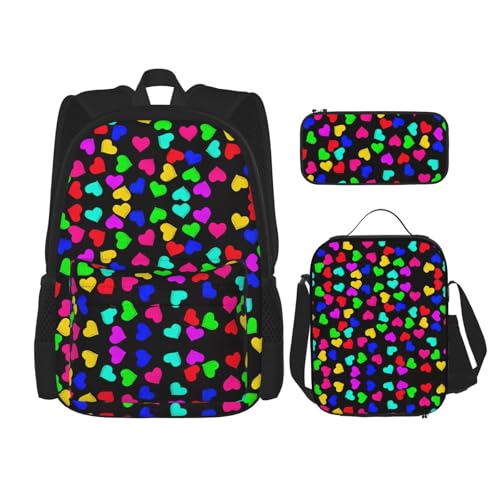 WURTON Rucksack mit Regenbogen-Herz-Druck, 3-in-1, Büchertaschen-Set, Lunchbox, Federmäppchen, Reise-Laptop-Tagesrucksäcke, Schwarz, Einheitsgröße