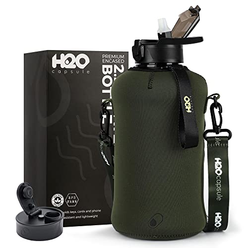 H2O Kapsel-Wasserflasche mit isolierter Aufbewahrungshülle, 2,2 l, Tritan, BPA-frei, große Wasserflasche, 2,2 l (74 Unzen), große Sportflasche mit Griff, grün