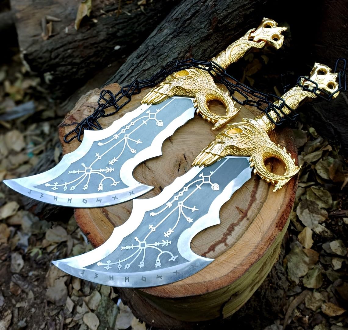 God of War Blades of Chaos, Metallrequisite, Nachbildung, Schwert, Doppelklingen mit Scheide, für Cosplay-Kostüm-Zubehör (Goldfarben)