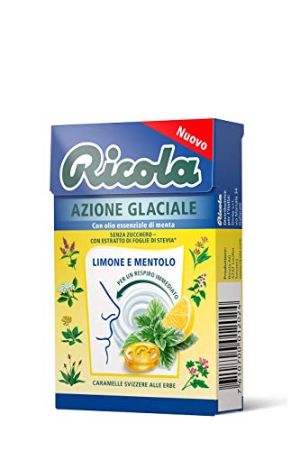 20x Ricola Astuccio Azione Glaciale Limone e Mentolo bonbon Zitrone und Menthol erfrischend ohne zucker box 50g