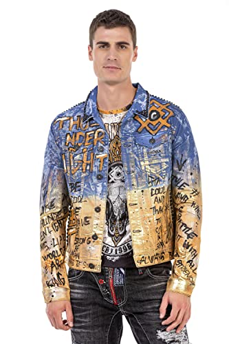 Cipo & Baxx Herren Jeansjacke Jacke Ausgefallen Nieten Graffiti Design Übergangsjacke Freizeit CJ265 Blau-Gold S