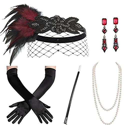 Yeselino Flapper-Zubehör für Damen, Party-Kostüm, Stirnband, Halskette, Ohrringe, Handschuhe, Halter für Cocktail-Party, Abschlussball