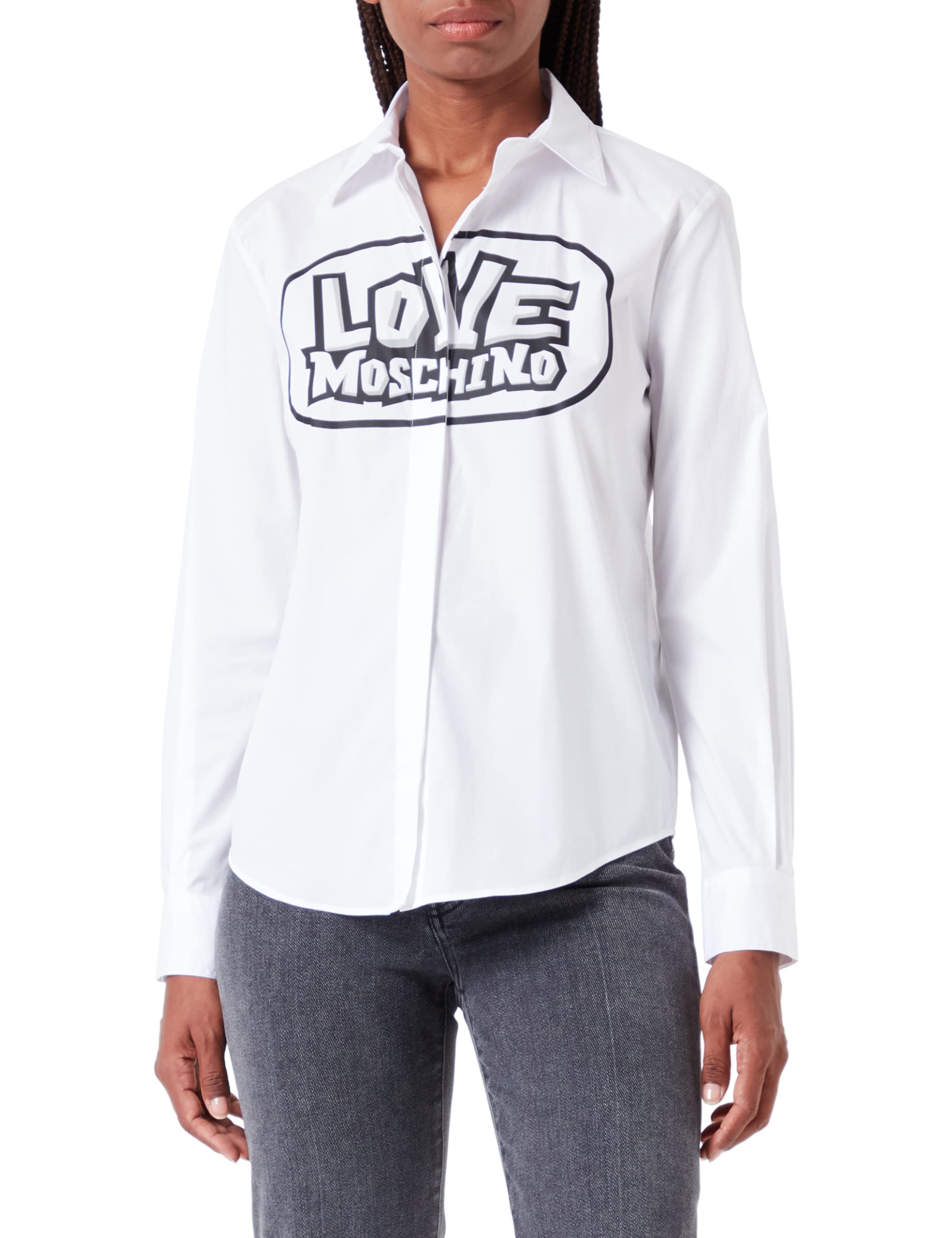 Love Moschino Damen Regular Fit Long Sleeves With Maxi Skate Print Shirt, Optical White, 40 EU