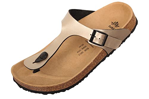 loki ISA by Zehentrenner-Sandalen für Damen I nachhaltig & vegan, PETA-zertifiziert I flexible EVA-Laufsohle mit Memory-Korkfußbett I bequeme Flip-Flops, Allergiker-freundlich I 38 in Gold