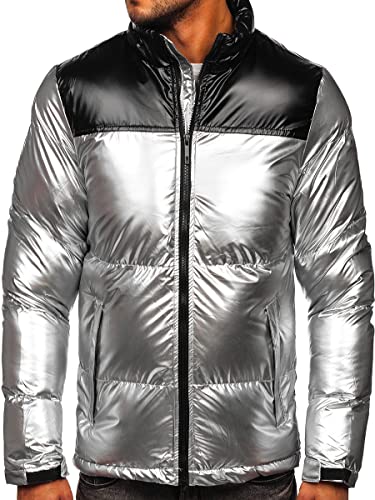 BOLF Herren Winterjacke Steppjacke Stehkragen Daunenjacke Reißverschluss Sportjacke Zip Wärme Freizeit Sport Basic Outdoor Casual Style 1188 Silber XL [4D4]