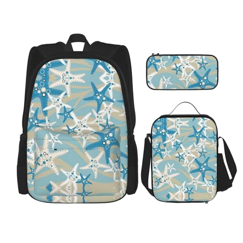 WURTON Schöner Schulrucksack mit Seestern-Aufdruck, 3-in-1 Büchertasche-Set mit Lunchbox, Federmäppchen, Reise, Laptop, Tagesrucksack