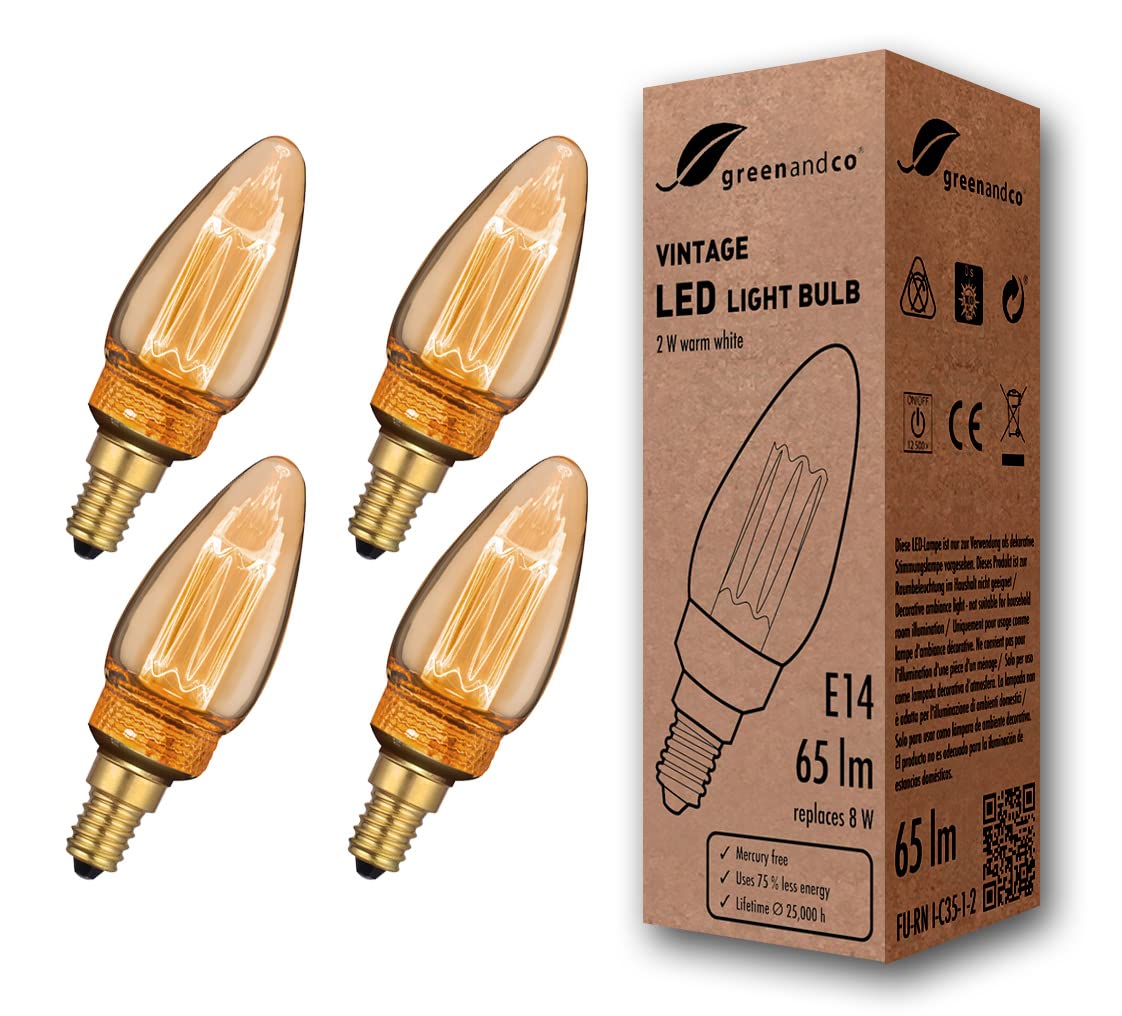 greenandco 4x Vintage Design LED Kerze zur Stimmungsbeleuchtung E14 C35 Edison Glühbirne, 2W 65lm 1800K gold extra warmweiß 320° 230V flimmerfrei, nicht dimmbar, 2 Jahre Garantie