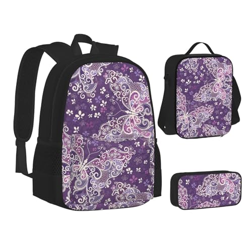 WURTON Lunchbox-Set mit violettem Schmetterlings-Druck, 3-in-1-Büchertasche und Federmäppchen, passende Kombination, Schwarz, Einheitsgröße