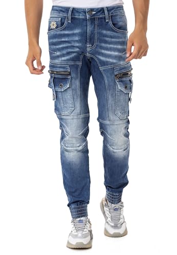 Cipo & Baxx Herren Jeanshose Cargotaschen Freizeithose Denim Reißverschluss Baumwolle Hose CD845 Blau W36 L32