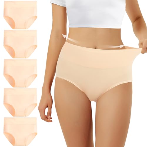 FALARY Unterhosen Damen Unterwäsche Baumwolle 5er Pack Slip Hohe Taille Unterhose Taillenslip 2XL Hautfarben