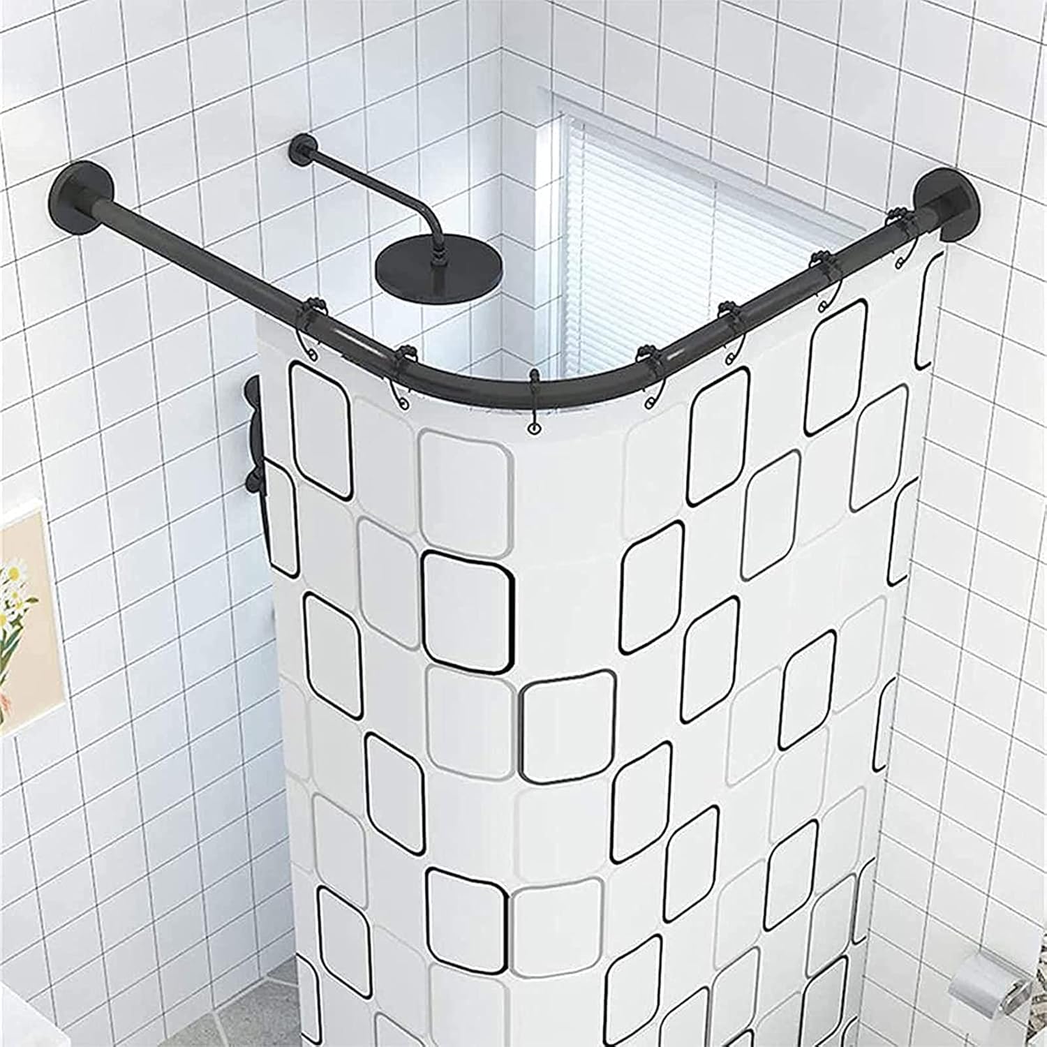 TT L-förmige ausziehbare Duschvorhangstange, gebogen, kein Bohren, Teleskop-Vorhangstange für die Badewanne, Badezimmer-Vorhangstange aus Edelstahl, 100% rostfrei, 70–95 x 70–95 cm, Schwarz