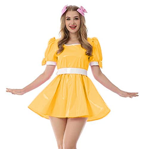 Leder PVC Kleid Damen Kragen Vinyl Minikleid Sommer Jungfrau Kostüm Fancy Bow Oversize Damen Kleid, Gelb, 4XL