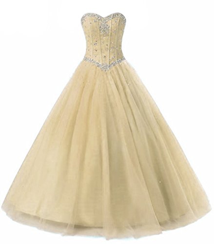 Zorayi Damen Elegante Tüll Lange Kristall Perlen Ballkleid Abschlussballkleid Festkleider Champagner Größe 36