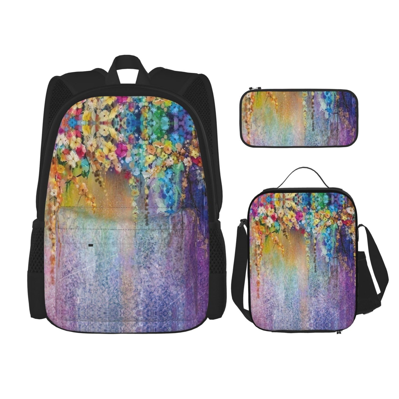 WURTON Rucksack mit Blumensträucher-Druck, für Mädchen, Jungen, Schultaschen, Teenager, Lunchbox und Federmäppchen, 3-in-1-Büchertaschen-Set