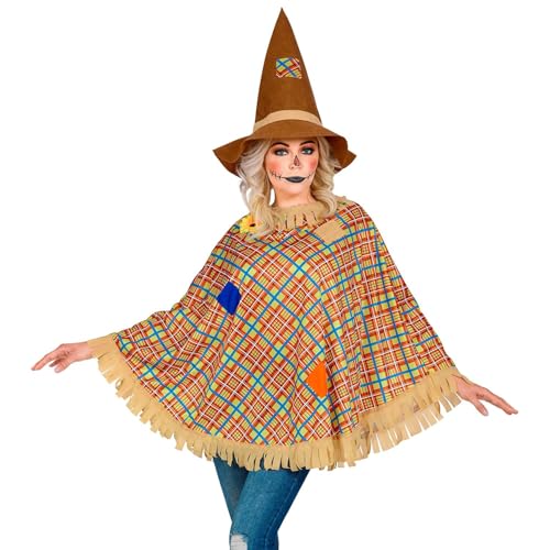 Widmann 48622 48622-Kostüm Vogelscheuche, Poncho, Hut, Mottoparty, Halloween, Damen, Mehrfarbig, One Size Fits Most Adult