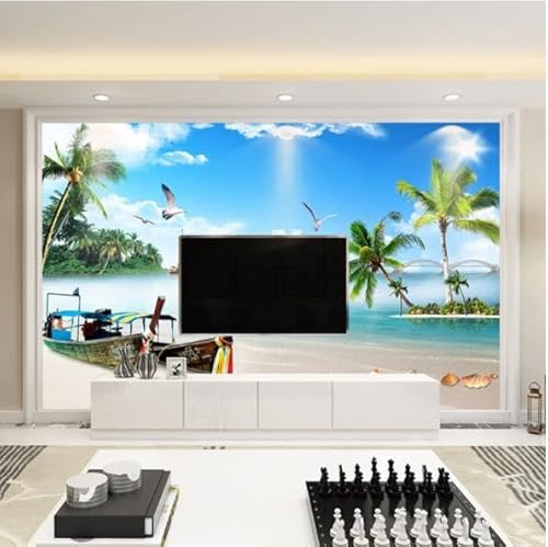 tyujlkjddlf Tapete Wandbild 3D Benutzerdefinierte Blauer Himmel, Weiße Wolken, Sonne, Strand, Kokospalmen, Segelboot, Landschaftsmalerei, Tv-Hintergrundwandbild-300Cmx210Cm