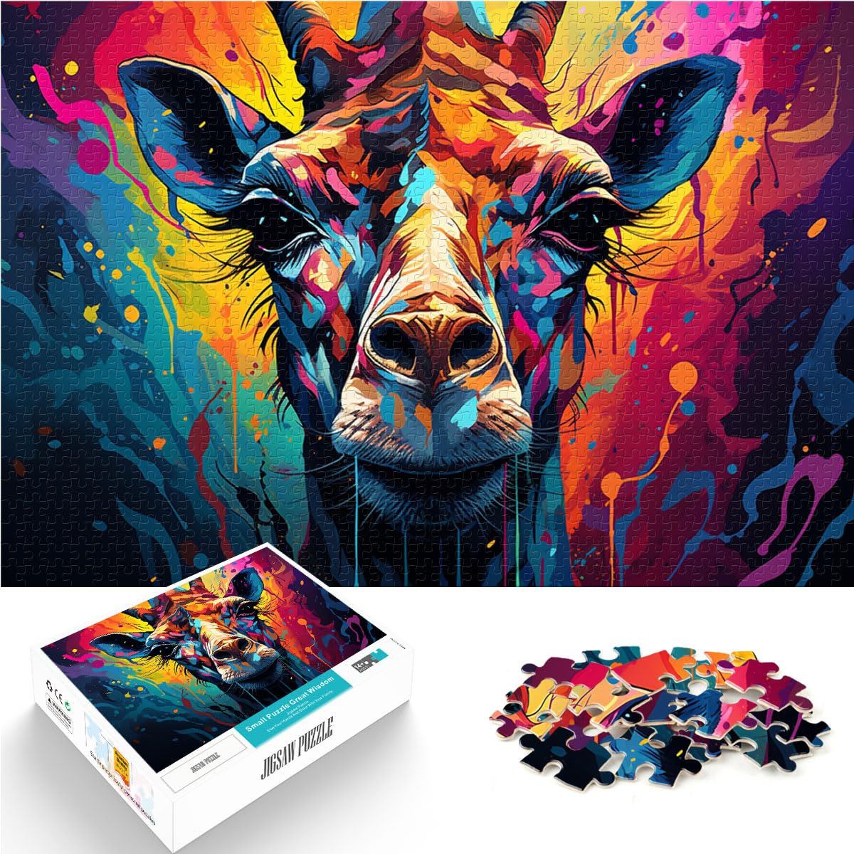 Puzzles Farbenfrohes, psychedelisches Giraffengemälde-Puzzle für Erwachsene, 1000-teiliges Puzzle, Holzpuzzle für Familienspaß und Spieleabend, 1000 Teile (50 x 75 cm)