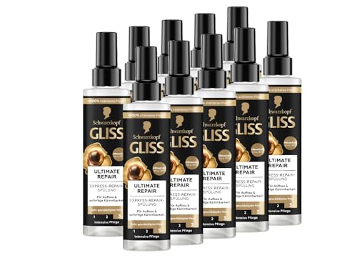 Gliss Express-Repair-Spülung Ultimate Repair (10x 200 ml), Haarspülung mit Keratin repariert extrem geschädigtes Haar, Pflegespülung mit Hitzeschutz bis zu 230 °C