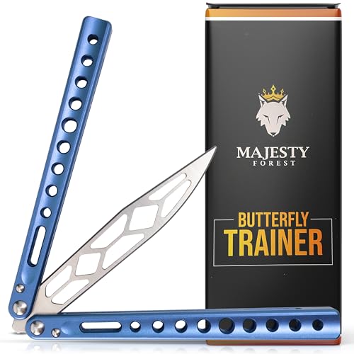 MAJESTY FOREST® Profi Butterfly Trainer (Blau) - Made with CNC aus Aluminium - Legales Balisong Messer mit stumper Klinge als Trainingsmesser - Inkl. Zubehör